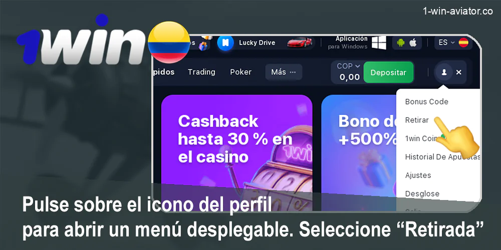 Seleccione «Retirada» en el menú desplegable del perfil 1Win Aviator